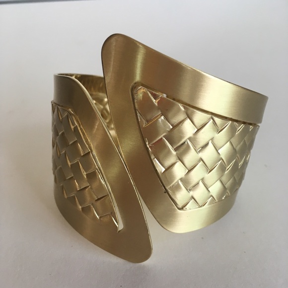 Brushed Gold Woven Pattern Angular Cuff Bracelet - Picture 1 of 8